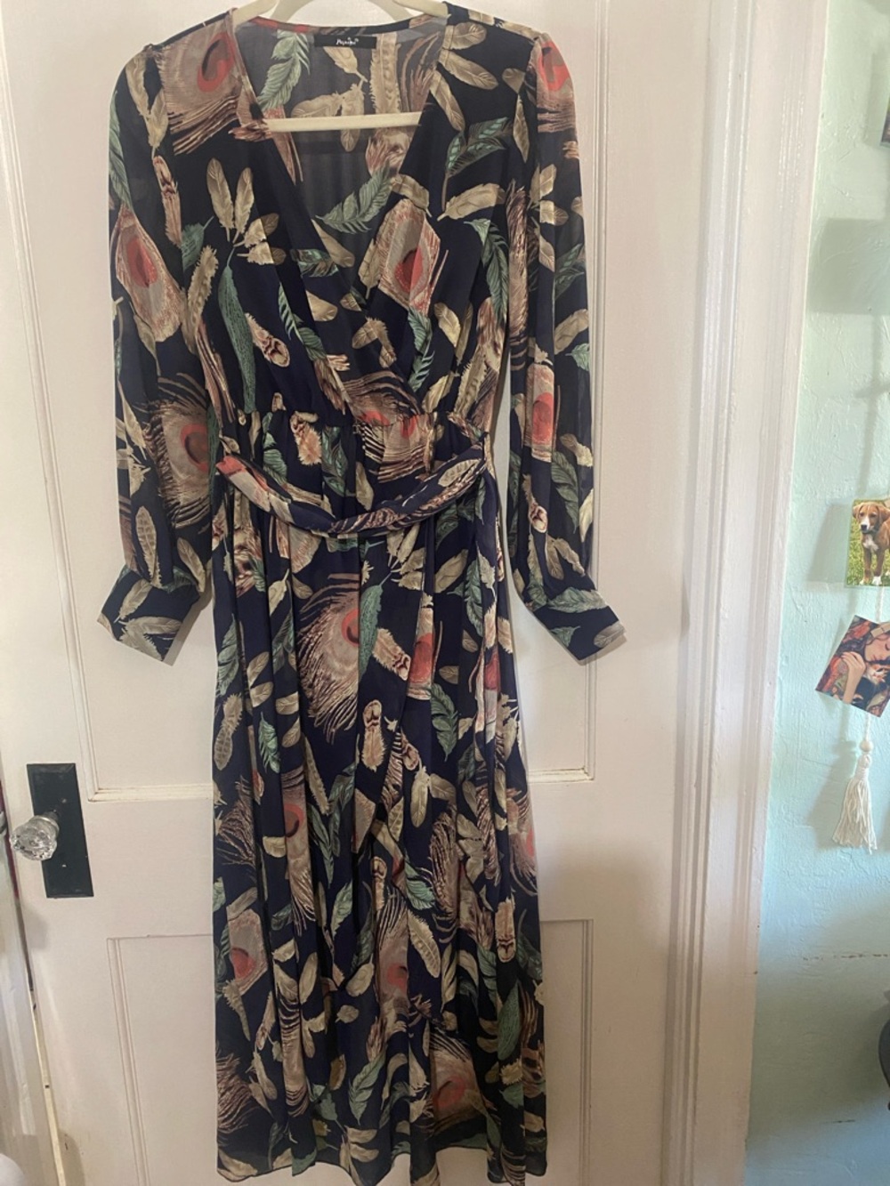 Papaya Black Long-Sleeve Feather-Print Midi Wrap Dress